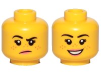 LEGO part Minifigure, Head Dual Sided Female, Freckles, Pink Lips, Raised Right Eyebrow, Grumpy / Smile Pattern - Hollow Stud 3626pb2455