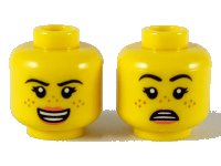 LEGO part Minifigure, Head Dual Sided Female Black Eyebrows, Medium Nougat Freckles, Coral Lips, Open Mouth Smile / Scared Pattern - Hollow Stud 3626pb2484