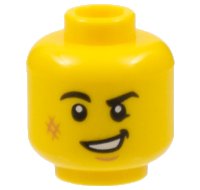 LEGO part Minifigure, Head Black Eyebrows, Right Rounded, Medium Nougat Scuff Mark and Chin Dimple, Lopsided Open Mouth Smile with Teeth Pattern - Hollow Stud 3626pb2519