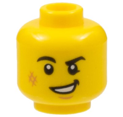 LEGO part Minifigure, Head Black Eyebrows, Right Rounded, Medium Nougat Scuff Mark and Chin Dimple, Lopsided Open Mouth Smile with Teeth Pattern - Hollow Stud (3626pb2519)