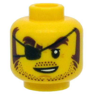 LEGO part Minifigure, Head Black Eye Patch, Brown Eyebrows, Sideburns, Stubble, Open White Mouth Pattern - Hollow Stud (3626pb2526)