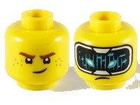 LEGO onderdeel Minifigure, Head Dual Sided Reddish Brown Eyebrows, Medium Nougat Freckles / HUD with Black Screen, Medium Azure Highlights Pattern - Hollow Stud 3626pb2529