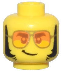 LEGO part Minifigure, Head Dark Orange Eyebrows and Eyes, Gold Sunglasses with Orange Lenses, Black Thick Sideburns, Lopsided Grin Pattern - Hollow Stud 3626pb2540