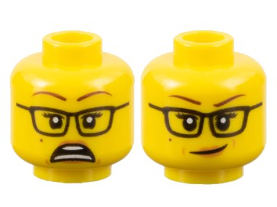 LEGO part Minifigure, Head Dual Sided Female Reddish Brown Eyebrows, Black Glasses, Nougat Lips, Beauty Mark, Scared / Lopsided Smile Pattern - Hollow Stud (3626pb2588)