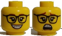 LEGO part Minifigure, Head Dual Sided Female, Reddish Brown Eyebrows, Glasses, Nougat Lips, Braces, Open Smile / Scared Pattern - Hollow Stud 3626pb2589