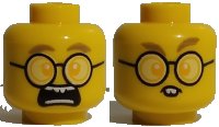 LEGO part Minifigure, Head Dual Sided Dark Tan Eyebrows, Bright Light Orange Eyes, Round Glasses, Scared / Rodent Teeth Pattern - Hollow Stud 3626pb2590