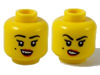 LEGO part Minifigure, Head Dual Sided Female, Black Eyebrows and Beauty Mark on Right Cheek, Red Lips and Chipped Tooth, Smile / Sneer Pattern - Hollow Stud 3626pb2605