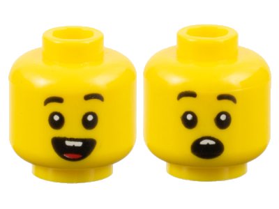 LEGO part Minifigure, Head Dual Sided Child Black Eyebrows, Open Mouth Smile with Buck Teeth and Tongue / Surprised Pattern - Hollow Stud (3626pb2648)