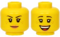LEGO part Minifigure, Head Dual Sided Female Black Eyebrows, Freckles, Eyelashes, Nougat Lips, Smile / Open Mouth Smile with Top Teeth and Tongue Pattern - Hollow Stud 3626pb2662