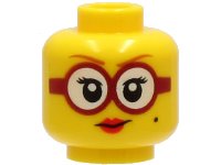 LEGO part Minifigure, Head Female Dark Orange Eyebrows, Glasses Round with White Lenses and Dark Red Frames, Beauty Mark, Red Lips, Smile Pattern - Hollow Stud 3626pb2725