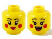 LEGO part Minifigure, Head Dual Sided Female Black Eyebrows, Eyelashes, Red Lips and Circles on Cheeks, Grin / Open Mouth Smile with Top Teeth and Tongue Pattern - Hollow Stud 3626pb2745
