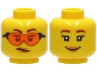 LEGO part Minifigure, Head Dual Sided Female, Reddish Brown Eyebrows, Orange Safety Glasses, Medium Nougat Lips, Scowl / Smile with Freckles Pattern - Hollow Stud 3626pb2761