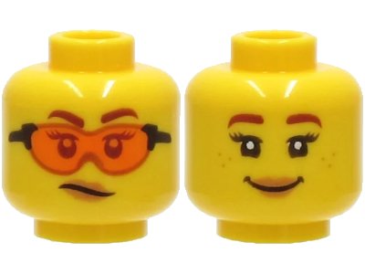LEGO onderdeel Minifigure, Head Dual Sided Female, Reddish Brown Eyebrows, Orange Safety Glasses, Medium Nougat Lips, Scowl / Smile with Freckles Pattern - Hollow Stud (3626pb2761)