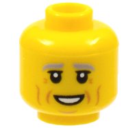 LEGO part Minifigure, Head Light Bluish Gray Eyebrows, Black Eyelids, Medium Nougat Cheek Lines, Wrinkles, and Chin Dimple, Open Mouth Smile with Teeth Pattern - Hollow Stud 3626pb2950