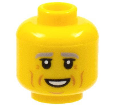 LEGO part Minifigure, Head Light Bluish Gray Eyebrows, Black Eyelids, Medium Nougat Cheek Lines, Wrinkles, and Chin Dimple, Open Mouth Smile with Teeth Pattern - Hollow Stud (3626pb2950)