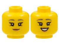 LEGO part Minifigure, Head Dual Sided Female Dark Bluish Gray Eyebrows, Black Eyelashes, Medium Nougat Lips, Grin / Open Mouth Smile with Teeth Pattern - Hollow Stud 3626pb2964