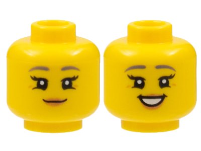 LEGO part Minifigure, Head Dual Sided Female Dark Bluish Gray Eyebrows, Black Eyelashes, Medium Nougat Lips, Grin / Open Mouth Smile with Teeth Pattern - Hollow Stud (3626pb2964)