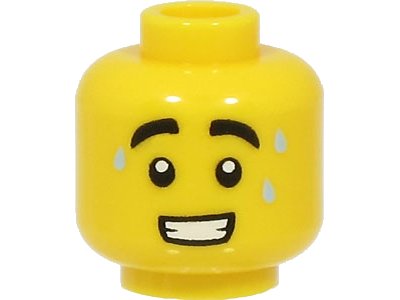 LEGO part Minifigure, Head Black Thick Eyebrows, 3 Bright Light Blue Sweat Drops, Open Mouth with Teeth Pattern - Hollow Stud (3626pb2973)