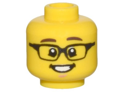 LEGO part Minifigure, Head Dark Brown Eyebrows, Black Rectangular Glasses, Open Mouth Smile, White Teeth, Chin Dimple Pattern - Hollow Stud (3626pb3027)