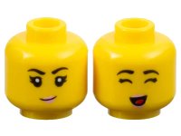 LEGO onderdeel Minifigure, Head Dual Sided Female Black Eyebrows, Bright Pink Lips, Small Grin / Closed Eyes and Open Mouth with Red Tongue Pattern - Hollow Stud 3626pb3204