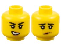 LEGO part Minifigure, Head Dual Sided Female Black Eyebrows, Eyelashes, Medium Nougat Lips, Lopsided Open Mouth Smile with Teeth / Worried Pattern - Hollow Stud 3626pb3216