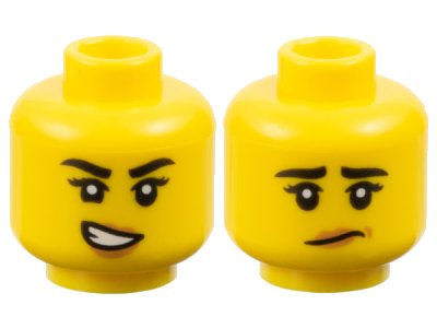 LEGO part Minifigure, Head Dual Sided Female Black Eyebrows, Eyelashes, Medium Nougat Lips, Lopsided Open Mouth Smile with Teeth / Worried Pattern - Hollow Stud (3626pb3216)