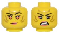 LEGO part Minifigure, Head Dual Sided Female Gold Stripes Face Paint, Coral Lips and Eye Shadow, Orange Eyes, Lopsided Grin / Bared Teeth Pattern - Vented Stud 3626pb3368