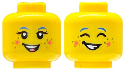 LEGO part Minifigure, Head Dual Sided Female Blue Eyebrows, Coral Tongue, Star and Heart, Silver Dots, Open Mouth Smile with Teeth and Black Open Eyes / Closed Eyes Pattern - Vented Stud (3626pb3428)