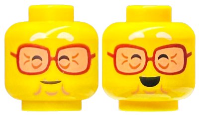 LEGO part Minifigure, Head Dual Sided White Eyebrows, Reddish Brown Glasses with Nougat Lenses, Closed Eyes, Chin Dimple, Wrinkles, Grin / Open Mouth Smile Pattern - Vented Stud (3626pb3430)