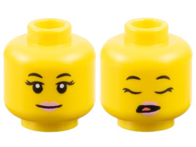 LEGO part Minifigure, Head Dual Sided Female Black Eyebrows and Eyelashes, Bright Pink Lips, Grin / Open Mouth with Coral Tongue, Sleeping Pattern - Vented Stud (3626pb3439)