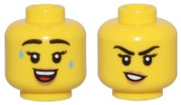 LEGO part Minifigure, Head Dual Sided Female Black Eyebrows and Eyelashes, Medium Nougat Lips, Sweat Drops and Open Mouth Smile / Crooked Mouth Pattern - Vented Stud 3626pb3510
