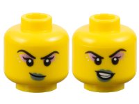 LEGO part Minifigure, Head Dual Sided Female Black Eyebrows, Single Eyelashes, Metallic Pink Eye Shadow, Silver Dots, Metallic Light Blue Lips, Smirk / Lopsided Open Mouth Smile with Teeth Pattern - Vented Stud 3626pb3585
