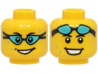 LEGO part Minifigure, Head Dual Sided Black Eyebrows, Open Mouth Smile, Medium Azure Water Drops, Swim Goggles over Eyes / on Forehead Pattern - Vented Stud (BAM) 3626pb3634