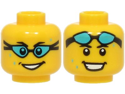 LEGO onderdeel Minifigure, Head Dual Sided Black Eyebrows, Open Mouth Smile, Medium Azure Water Drops, Swim Goggles over Eyes / on Forehead Pattern - Vented Stud (BAM) (3626pb3634)