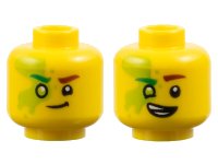 LEGO part Minifigure, Head Dual Sided Reddish Brown Eyebrow Left, Bright Green Eyebrow Right, Lime Smudge on Right, Lopsided Grin / Smile with White Teeth Pattern - Vented Stud 3626pb3667
