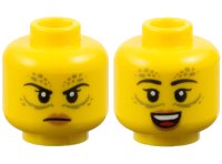 LEGO part Minifigure, Head Dual Sided Female Black Eyebrows, Olive Green Spots and Lines, Medium Nougat Lips, Angry Frown / Open Mouth Smile Pattern - Vented Stud 3626pb3671