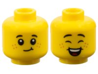 LEGO part Minifigure, Head Dual Sided Child Black Small Eyebrows, Medium Nougat Freckles, Lopsided Grin with Dimple / Closed Eyes and Open Mouth Smile with Dimples, Top Teeth and Red Tongue Pattern - Vented Stud 3626pb3765