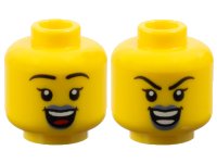 LEGO part Minifigure, Head Dual Sided Female Black Eyebrows, Single Eyelashes, Sand Blue Lips, Open Mouth Smile, Happy with Top Teeth and Red Tongue / Evil with Teeth Parted Pattern - Vented Stud 3626pb3769