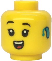LEGO part Minifigure, Head Child Female Black Raised Eyebrows, Single Eyelashes, Dark Turquoise Hearing Aid on Left, Open Mouth Smile with Top Teeth and Red Tongue Pattern 3626pb3789