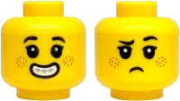 LEGO part Minifigure, Head Dual Sided Child Black Eyebrows and Eyelashes, Nougat Freckles, Open Mouth Smile with Teeth and Silver Braces / Frown Pattern 3626pb3891