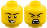 LEGO part Minifigure, Head Dual Sided, Black Eyebrows, Medium Nougat Freckles, Lopsided Grin with Teeth / Roaring Pattern 3626pb4064