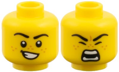 LEGO onderdeel Minifigure, Head Dual Sided, Black Eyebrows, Medium Nougat Freckles, Lopsided Grin with Teeth / Roaring Pattern (3626pb4064)