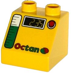 LEGO part Duplo, Brick 2 x 2 x 1 1/2 Slope 45 with Octan Logo, Gas Gauge, and '2.35' Pattern (6474pb24)