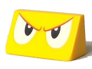 LEGO onderdeel Slope 30 1 x 2 x 2/3 with Angry Black and White Eyes, Reddish Brown Eyebrows Pattern (Super Mario Spiny Face) (85984pb270)
