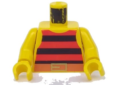 LEGO onderdeel Torso Pirate Tank Top with Black and Red Horizontal Stripes, Dark Orange Belt with Gold Buckle Pattern / Yellow Arms / Yellow Hands (973p33c01)