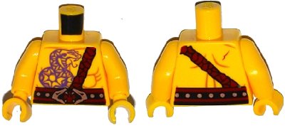 LEGO onderdeel Torso Bare Chest Muscles, Dark Purple Snake Tattoo, Copper Snake Buckle, Dark Red Shoulder Strap, Scar on Back Pattern / Yellow Arms / Yellow Hands (973pb1961c01)