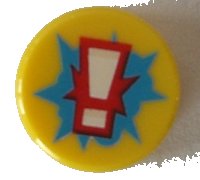 LEGO part Tile, Round 1 x 1 with White Exclamation Mark on Red and Dark Azure Starburst Explosion Pattern 98138pb068