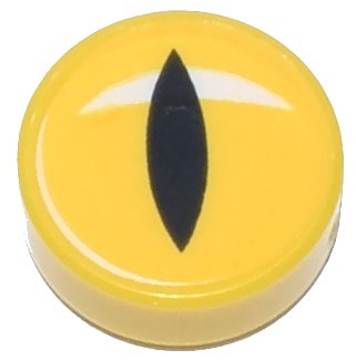 LEGO part Tile, Round 1 x 1 with Eye, Black Slit Pupil and White Crescent Glint Pattern (98138pb385)