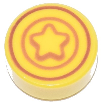 LEGO part Tile, Round 1 x 1 with Dark Orange and Medium Nougat Star and Concentric Circles Pattern (Animal Crossing Bell) (98138pb401)