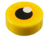 LEGO part Tile, Round 1 x 1 with Eye with Bright Light Orange Starburst Iris and Black Pupil with White Glint Pattern 98138pb437